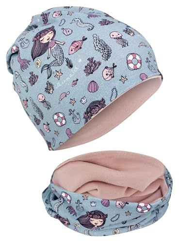 HECKBO Kinder Beanie & Loop Schal Set - mit Vlies oder Jersey - unisex Mädchen Jungen - 95% Baumwolle - Herbst Frühling Winter