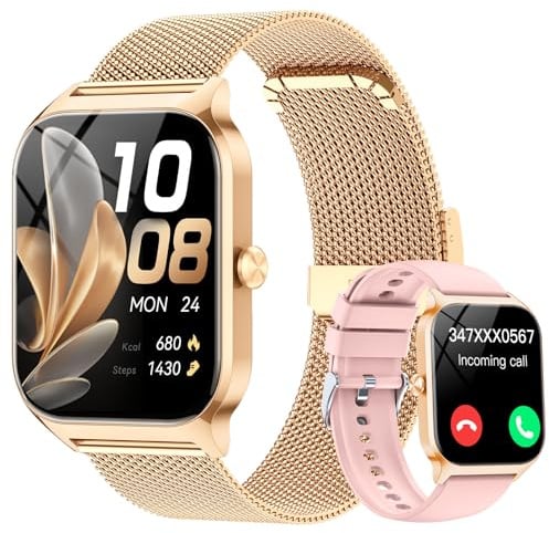 CASCHO Smartwatch Damen mit Telefonfunktion, 1.85" HD Uhren mit Herzfrequenz SpO2 Schlafmonitor Schrittzähler, 120+ Sportmodi Fitnessuhr, Goldfarben und Hellrosa