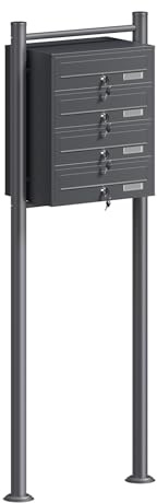 Wiltec 4er Briefkastenanlage Anthrazit 556 x 270 x 1500 mm, Standbriefkasten mit 4 Fächern, Schlüssel und Namensschild, Briefkasten Postkasten mit Ständer