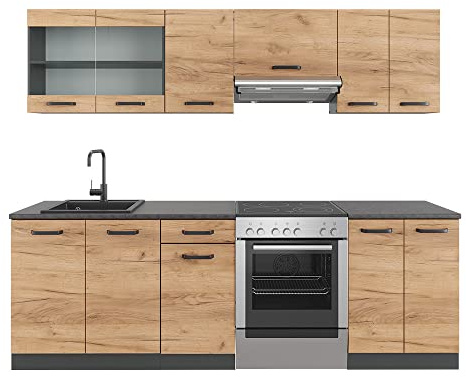 Vicco Küchenzeile Raul, Goldkraft Eiche/Anthrazit, 240 cm, AP Schwarz Gemustert, mit modularen Elementen flexibel kombinierbar