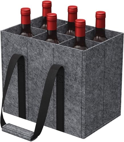 Lifewit Flaschentasche, Stabil Filz Flaschenträger mit Griff, Faltbare Flaschenkorb Wohnmobil für Wein, Getränke, Weinflaschen, Bottle, Grau, Für 6 Flaschen, 1 Stück