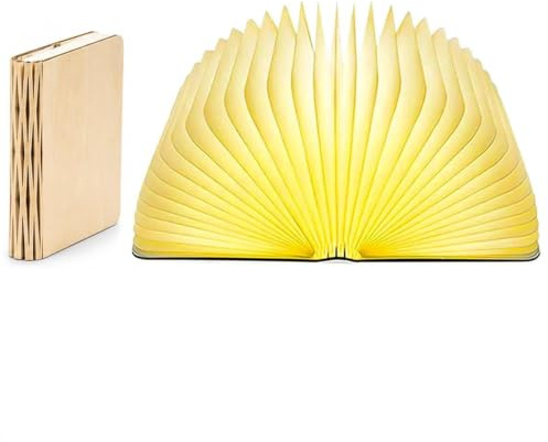 LED Buchlampe, Buch Lampe aus Holz in Buchform, Leuchtendes Buch Licht | 360° faltbar, USB aufladbar, Nachtlicht, Nachttischlampe & dekoratives Buchlicht, Geschenk für Leseratten (12x9x2.5cm)