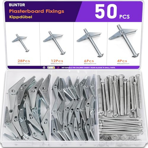 BUNTOR 50 Sätze(150 Stück) Kippdübel, 4 Größen Klappdübel, M3/M4/M5/M6 Federklappdübel, Verzinktem Kohlenstoffstahl Spreizdübel, Hohlraumdübel Metall Set für Gipskarton und Hohlraumwände