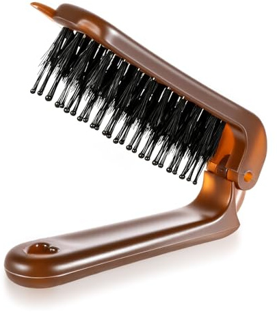 LIQWEI Klappbare Haarbürste, Mini-Haar Bürste Wildschwein Borsten Reisehaarbürste Klein Reise-Haar Bürste Kompakte Haarkamm für Haar wiederherstellung Glanz Glättung (Braun)