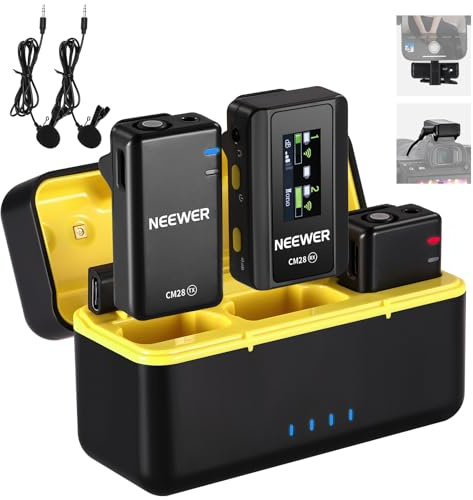 NEEWER CM28 kabelloses Lavalier Mikrofonsystem mit Ladeetui, 2 Mikrofon Clips,1 klick Geräuschunterdrückung, 4GB Speicher, 9 Std. Spielzeit, Ansteckmikros kompatibel mit iPhone/Android/PC/Kamera/iPad