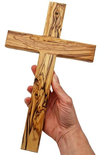 Lunexus Olivenholz Kreuz 30 cm - Handgefertigt in Bethlehem - Gesegnet mit Weihezertifikat Christliches Wandkreuz - Geschenk zur Taufe, Kommunion, Firmung - Kreuz Holz für Wand & Deko