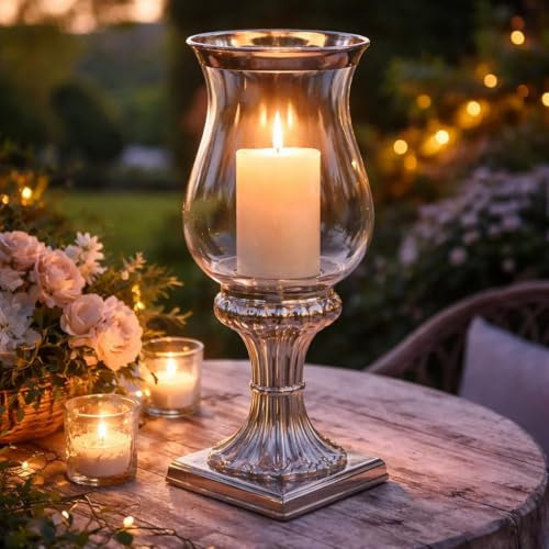 Kerzenhalter Groß 50 cm Glas & Keramik Silber Windlicht Säule Vintage Deko | Stumpenkerzen, Hochzeitsdeko, Tischdeko Kerzenständer für Hochzeit, Tisch & Wohnzimmer – für Stumpen- & Stabkerzen