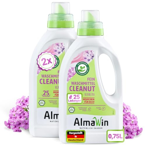 AlmaWin® Feinwaschmittel Cleanut [2x 750 ml – 50 Ladungen], vegan, palmölfrei | Flüssigwaschmittel für Feinwäsche Buntwäsche mit Waschnuss-Saponin, Farbschutz, 20–60 °C, zitronig-frischer Verbena-Duft
