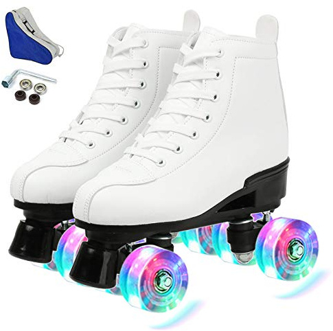XUDREZ Rollschuhe Zweireihige Rollschuhe verstellbare High-Top-Rollschuhe für drinnen und draußen, Erwachsene, Rollschuhe (weißes Blitzrad, 45)