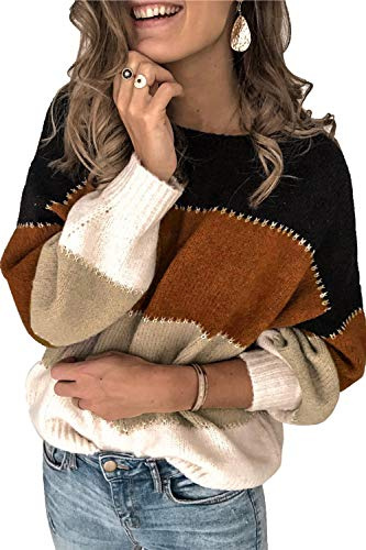 ANCAPELION Damen Grobstrick Pullover Casual Stricken Sweater Lange Ärmel Pulli Farbblock Sweatshirt Elegant Jumper Rundhals Lose Oberteile Herbst Winter Outwear für Frauen