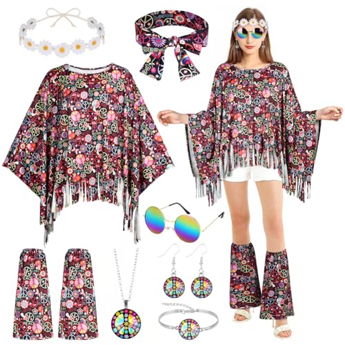 AOOWU Hippie Kostüm Damen Set, 60 er 70er Jahre Hippie Kleidung, Kostüm Hippie, Karneval Kostüm Damen Hippie, Disco Outfit Hippie Accessoires für Karneval Disco Party Cosplay Mottoparty Halloween
