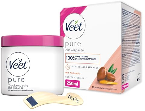 Veet Pure Zuckerpaste mit Arganöl - Sugaring Paste für die Haarentfernung an Körper & Gesicht - 1 x 250 ml inkl. Holzspatel & Stoffstreifen