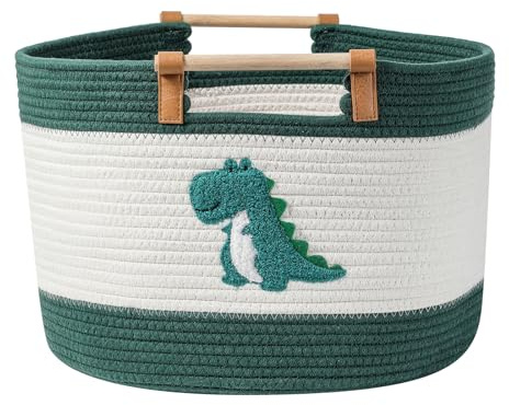 Großer Aufbewahrungskorb aus Baumwollseil mit Dinosaurier-Stickmuster, Großer Deckenkorb 35L Baumwollseilkörb mit Holzgriffen Geflochtene Körbe für Kinder Kuscheltiere Spielzeugaufbewahrung