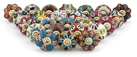 Craft Trade Sortiert Türschrankknopf Boho Antik Keramik-Türknöpfe Kommode Schublade Zieht Hardware Knöpfe fur Küche Möbel Messing und Schrank - 25 Stück