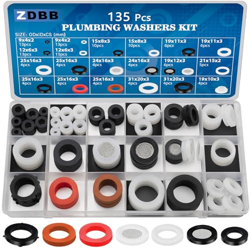 ZDBB 135 PCS Sanitär-Gummi Unterlegscheiben Assorted Kit und flache Silikondichtung Sortiment Set für Wasserhahn Dusche Kopf Unterlegscheiben Gartenschlauch Rohrdichtungen zu ersetzen