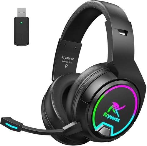 Krysenix PG4 RGB Wireless Gaming Headset für PS4, PS5, PC- 2.4GHz 7.1 Surround Sound, Bluetooth Gaming Kopfhörer mit abnehmbarem Mikrofon, 48-Stunden-Akku für Laptop Mac (Schwarz)