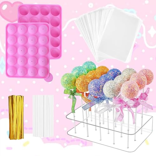 Yootiko 302 Stück Cake Pop Formen Set Silikonform mit 20 Löchern | Cake Pop Ständer | 100 Stäbchen 100 Beutel 100 Twist Ties für Lutscher Schokolade Süßigkeiten