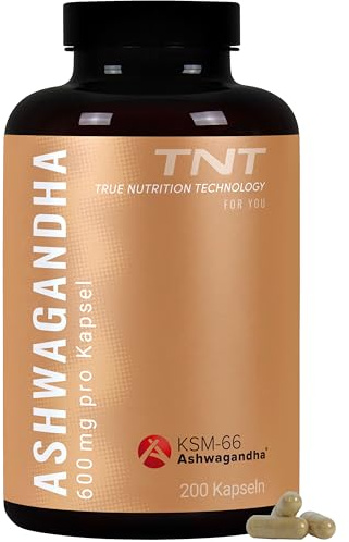 TNT Ashwagandha - Premiumrohstoff KSM-66® - 200 Kapseln für 200 Tage | 100% Vegan - 600mg reiner Ashwagandha Extrakt pro Tagesdosis (30mg Withanolide) - Rohstoff aus der Wurzel