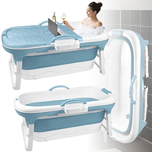 LARS360 Faltbare Badewanne Erwachsene, Reisebadewanne Klappbadewanne mit abnehmbare Abdeckung, Seifenkorb, Massagerollen, Mobile Badewanne für kleines Badezimmer (118 x 62 x 53 cm)