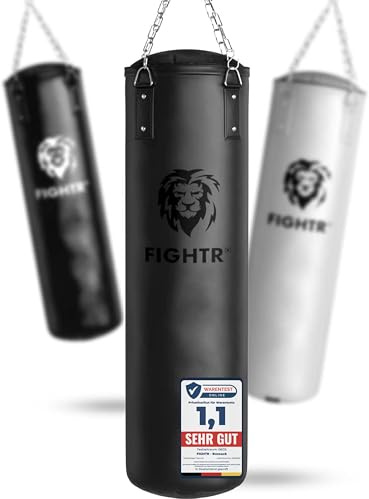 FIGHTR® Boxsack gefüllt/ungefüllt - extrem robust & langlebig | Boxsack Set inkl. 4-Punkt-Stahlkette für Boxen, Kickboxen, MMA, Muay Thai und weitere Kampfsportarten (leer, All Black)