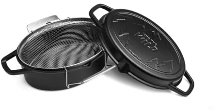 BURNHARD® Gusseisenbräter mit Frittierkorb aus Edelstahl, ovaler Bräter | Deckel mit Grillstreifen & Ausgießnasen, 7,5 l Fassungsvermögen