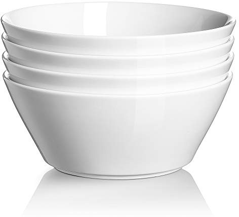 DOWAN Salatschüssel Set, 950ml Suppenschalen, 32oz Große Müslischalen, Tiefe Schüssel mit Breitem Durchmesser, Porzellan Schüssel Set für Ramen, Suppe, Müsli, Salat, Sanftes Weiß, 4er Pack