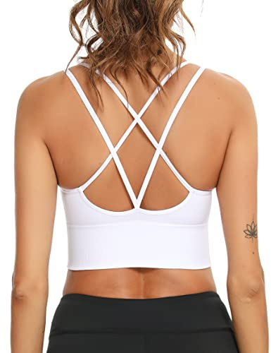 Sykooria Sport BH Damen Gepolstert Bustier ohne Bügel Spaghettiträger Cross Back Design Push Up für Yoga Fitness, Weiß M