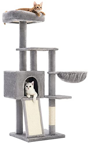 Feandrea Kratzbaum, 135 cm Kleiner Katzenbaum, mehrstöckiger Plüsch-Katzekratzbaum mit waschbarer, Abnehmbarer Sitzstange, Kratzstamm, Korb, Höhle, hellgrau
