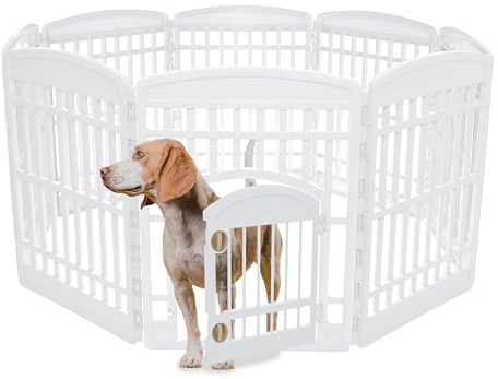 Iris Ohyama Welpenauslauf mit 8 Paneelen und abschließbarer Tür, H90cm, Weiß, Katzengehege, Hundebox, Für Outdoor, Indoor, Welpenlaufstall, Hundezaun, Welpenzaun, Laufstall Hund, CI-908