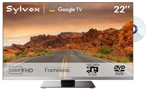 SYLVOX 22 Zoll 12V Fernseher für Wohnmobil, Smart Google TV mit DVD Player, 1080P FHD, Rahmenlos, inkl. Adapter, DVB/T2/S2, Bluetooth WiFi & RJ45 – Ideal für Camping, Reisen, KFZ und LKW