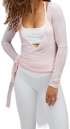 Geagodelia Damen Wickeloberteil Wickelshirt für Ballett Yoga Pilates Elegante Langarmshirt Longsleeve Binden Vorne Oberteil Wrap Top Wickeltop Langarm Bluse Sommer Outfit