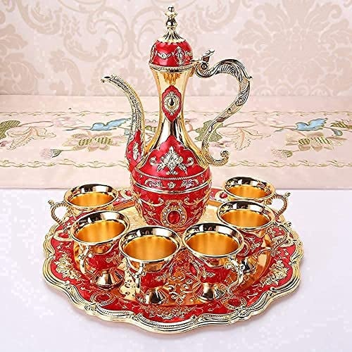 MOUMOUTEN 6 Stück Türkisches Kaffeeset Metall Teeservice mit Tablett | und Goldverzierung für traditionelle Teezeremonie Haushaltsaccessoires