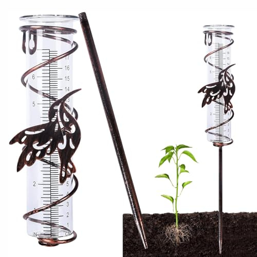 LSRVNM Regenmesser für Garten, Niederschlagsmesser mit Erdspieß, Glas-Regenmesser mit Klarer Skala, Wassermesser, Metall Vogel Pflanzenstecker, Regenmesser Dekoration für Garten Rasen Terrasse