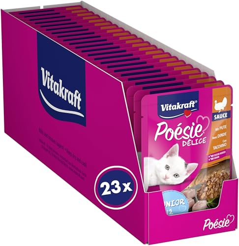 Vitakraft Poésie Délice, Junior, Nassfutter Katze, Katzennassfutter in Sauce, mit Pute, Vorratspackung, für junge Katzen, ohne Zusatz von Zucker und Getreide (23x 85g)