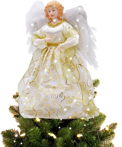 BigKing Engel Weihnachtsbaumspitze, Weihnachtsengel Baumkrone Figur, Indoor Weihnachtsdekoration mit Federflügeln, 32 cm (Gold)