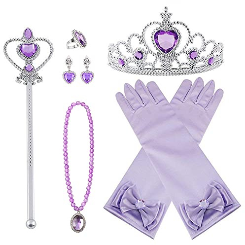 Vicloon Prinzessin Kostüme Zubehör Set of 7, Mädchen Dress up Zubehör mit ELSA Handschuhe, Pfirsichherz Krone, Zauberstab, Ring, Halskette, Ohrring für Geburtstage, Cosplay und Festivals