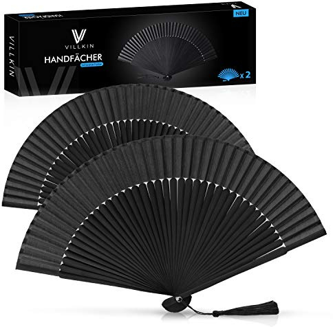2x Villkin Handfächer - ORIGINAL - 2 Handfächer für eine Abkühlung im Sommer, für Hochzeiten und Fasching (Schwarz, 2er Set)
