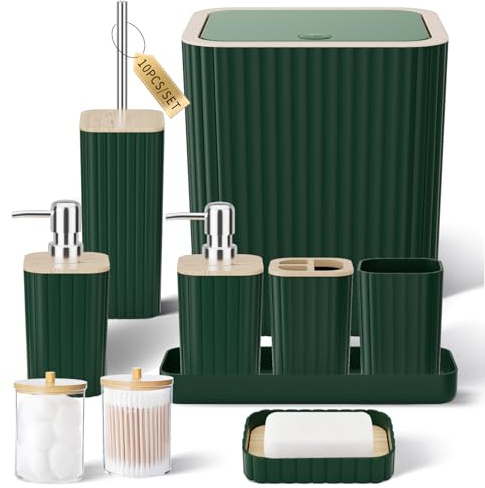 XLHOMO Badezimmer-Set – Elegantes grünes Badezimmer-Set, 10-teiliges grünes Badezimmer-Zubehör-Set, Badezimmer-Sets mit WC-Bürste, Badezimmer-Mülleimer
