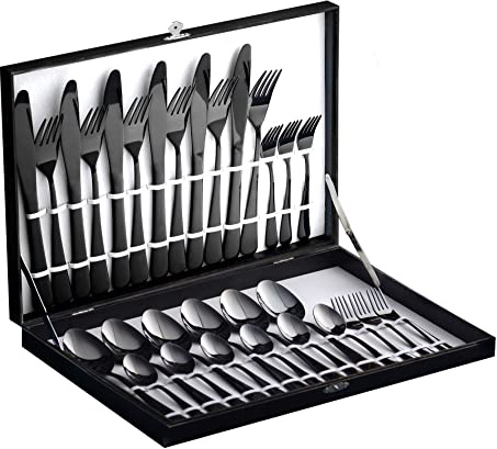 Velaze Besteck Set Schwarz, 18/10 Premium Edelstahl Besteckset 30-teilig, Besteck für 6 Personen mit Geschenkbox, Bestecksets mit Messer, Löffel und Gabel, Spiegelpoliert, Spülmaschinenfest