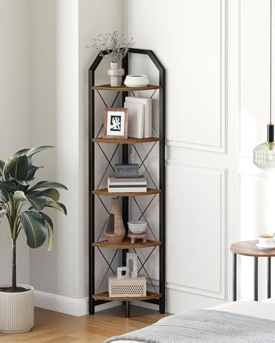 CHOEZON Eckregal stehend mit 5 Ebenen, industrielles Bücherregal, freistehender Ausstellungsständer, Eckregal Bad, 150cm Pflanzenständer, für Schlafzimmer, Küche, Rustikales Braun und Schwarz DTCJ10BF