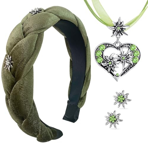 WWISTOA Samt Haarreifen Grün Dirndl Haarreif Damen Dirndlschmuck 3 Stück Trachtenschmuck Edelweiß Halskette und Ohrstecker Bierfest Trachten Dirndl Outfit Accessoires Oktoberfest Accessoires