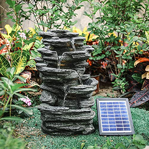 BTGGG Solar Wasserspiel Outdoor Brunnen Steingarten Dekoration für Garten, Gartenteich, Terrasse, Teich, Balkon Solarbetriebene Garten Ornament Brunnen mit LED-Licht