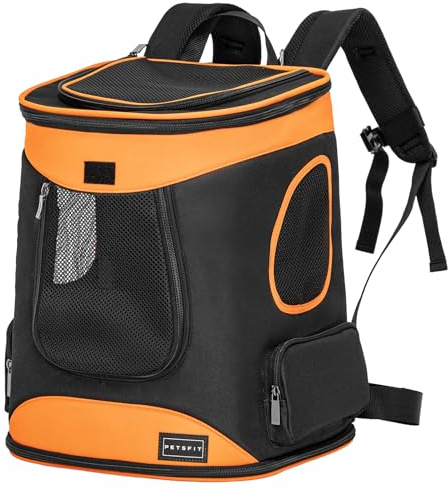 Petsfit Hunderucksack & Katzenrucksack für große Katzen bis 5kg - Leichter Katzen Rucksack mit Netzfenster, Brustgurt & Polster - Atmungsaktiver Rucksack für kleine Hunde, Orange+Schwarz