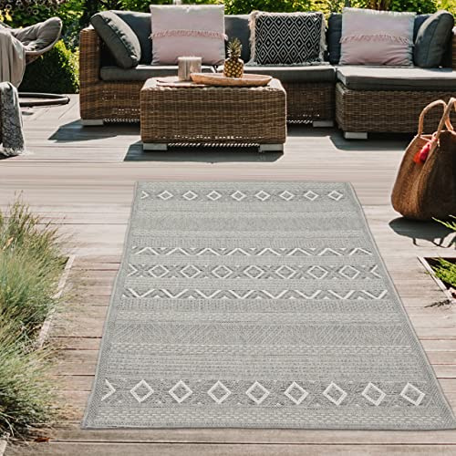 Teppich-Traum In- & Outdoor Teppich Rautenstreifen Grau 80x150 cm | Pflegeleicht, schmutzabweisend, strapazierfähig und langlebig, für Balkon, Terrasse, Wintergarten, Küche & Wohnbereich