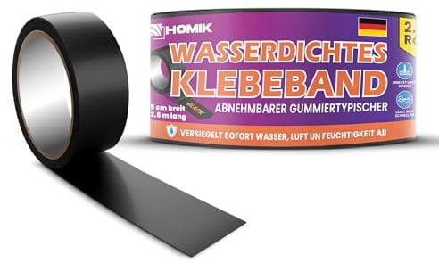 HOMIK Schwarzes Wasserdichtes Klebeband Ultra Stark 5cm x 2.5m – Reparaturband Wasserdicht für glatte Oberflächen, Abdichtband Wasserfest, UV Bes