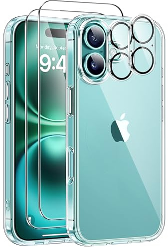 Guisessy für iPhone 16 Hülle 2 Kameraschutz & 2 Panzerglas-Transparent | Anti-Vergilbung Schutzhülle, PC Kratzresistente Rückseite Schutz Stoßfest Handyhülle mit Schutzfolie