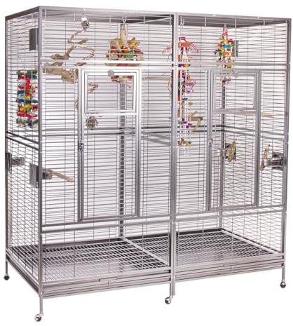 Montana Cages | Papageienkäfig groß XXL Arkansas Nova II, Modell 2024, XXL Doppelvoliere für Papageien, zinkfrei, Stahl pulverbeschichtet, Platinum ca. 206 x 101,5 x 220 cm