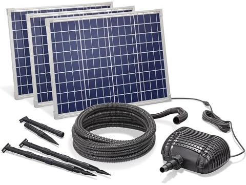 esotec Solar Bachlaufpumpe Wasserfallpumpe Quellstein 150/5000 101972 | Solar Gartenpumpe 5000l/h, 3x50Wp Solarmodule, 18VDC, IP68, Trockenlaufschutz, 5m Spiralschlauch, Anschluss 25/32/38mm