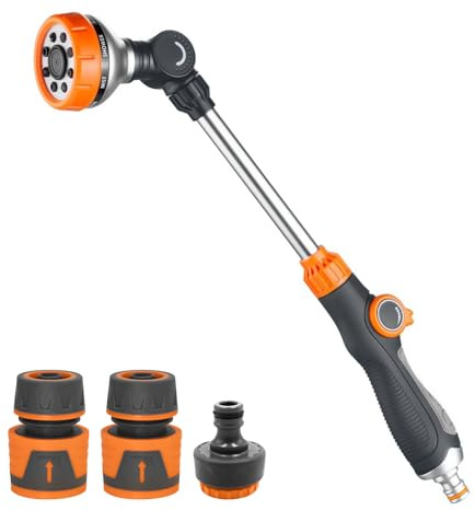 LangRay Gießstab Gartenbrause Gartenschlauch Brause 47cm zur Bewässerung und Reinigung, 8 Spritzmustern Verstellbarer Gartenspritze mit 2 Schlauchverbinder 1/2 Zoll und 1 Düse