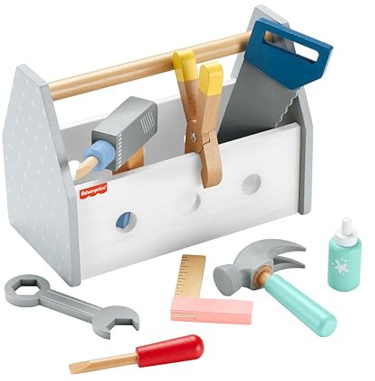 Fisher-Price Holz-Werkzeugkasten, Rollenspiel-Spielset mit Spielzeugbohrer, 9 Spielteile aus Holz für Kindergartenkinder ab 3 Jahren, HYG50
